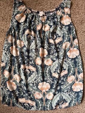 LOFT Navy Floral A-Line Skirt with Peach Blooms and Sage Leaves